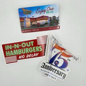 3 In-N-Out Burger Stickers 1 Enjoy One On Us No Value Gift Card